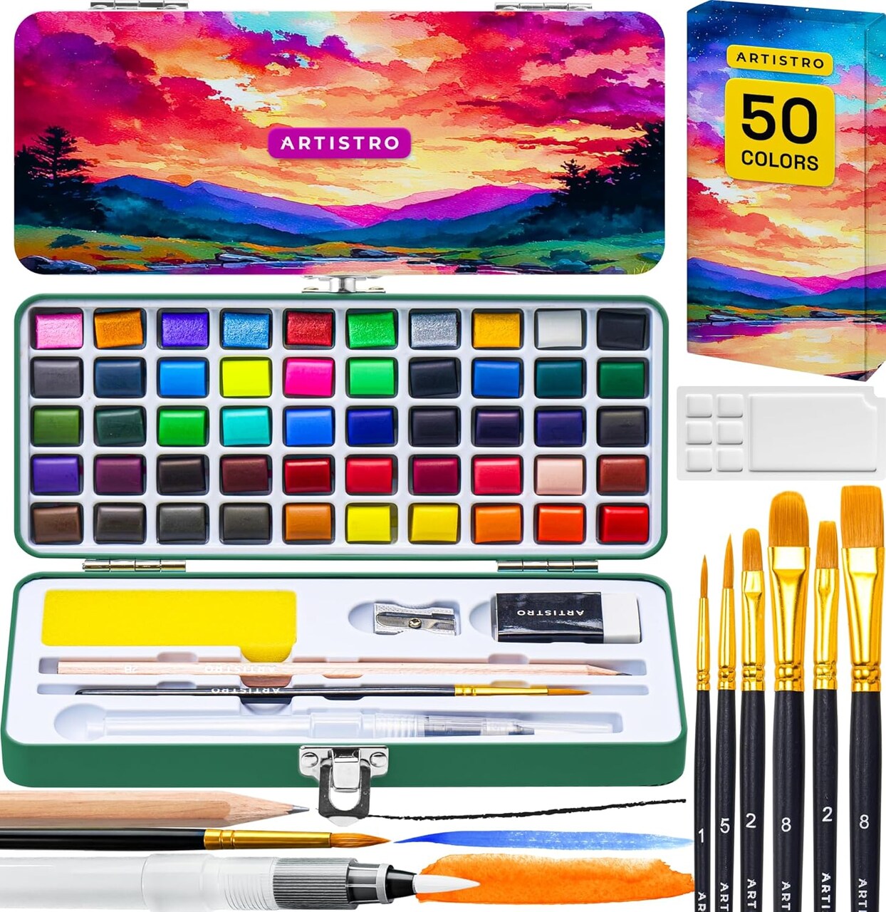 48 Vivid Colors in Portable Box,Watercolor Paint Set, Including Metallic and Fluorescent Colors for Artists, Amateur Hobbyists and Painting Lovers, Perfect For Travel